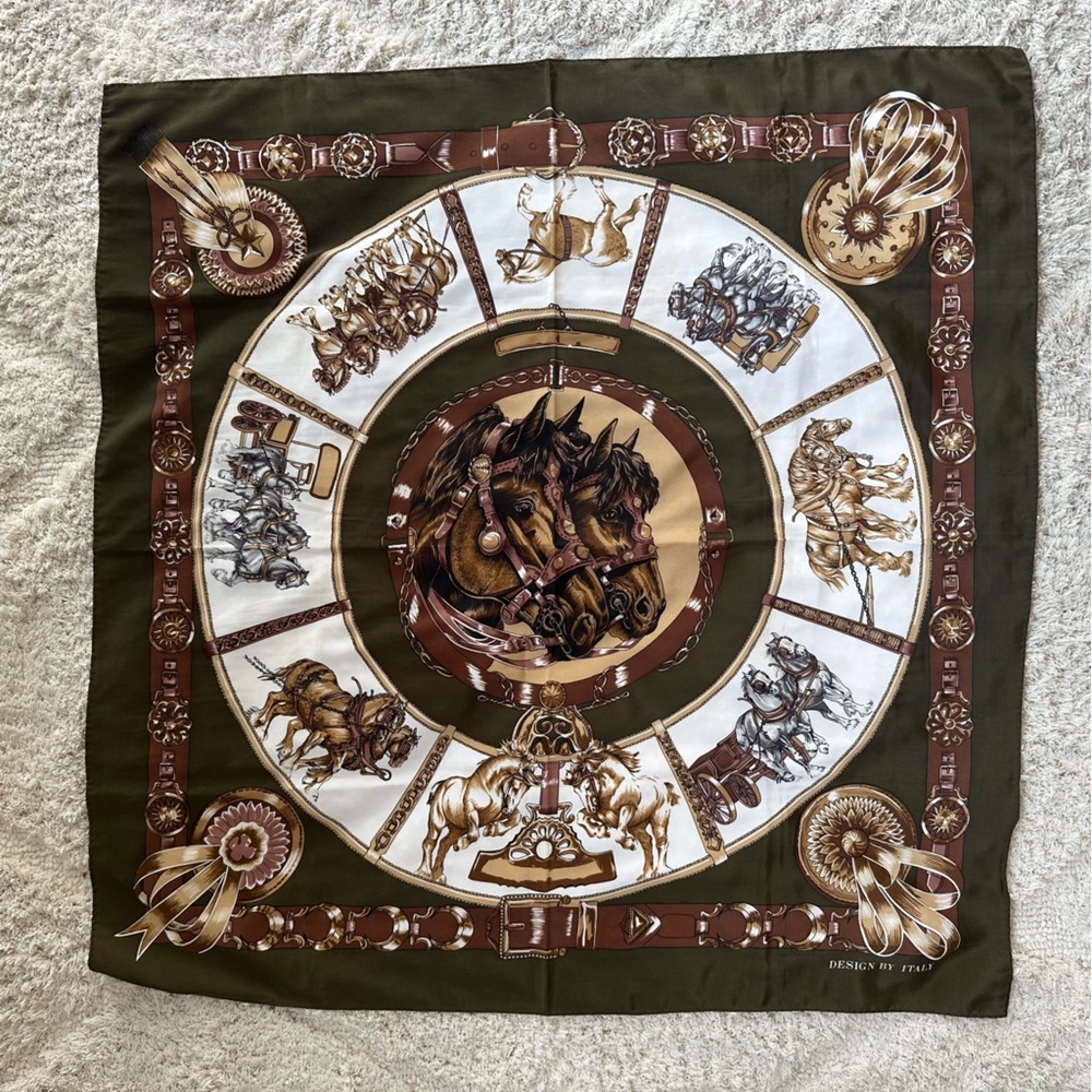 Equestrian Themed Silk Scarf Brown green White paris horses silky